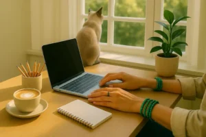 Mains de rédacteur web SEO sur clavier ordi accompagné de cappuccino et chat